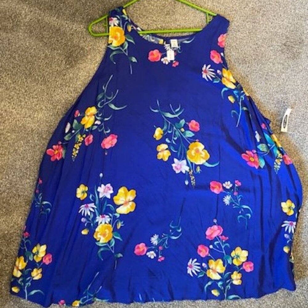 Old Navy Blue with Yellow & Pink Floral Print High Neck Swing Tank Top